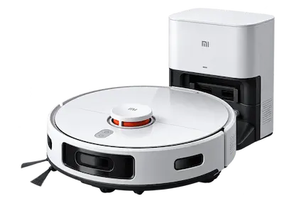 Robô aspirador Xiaomi branco com estação de limpeza automática, representando a manutenção de robôs aspiradores da Digitech BH