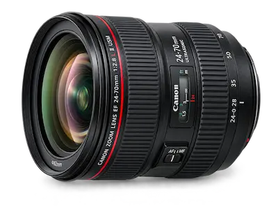 Objetiva fotográfica Canon 24-70mm profissional, representando o serviço de manutenção de lentes fotográficas da Digitech BH