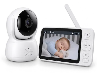 Babá eletrônica com câmera de monitoramento e monitor de vídeo, representando o serviço de manutenção de babás eletrônicas da Digitech BH