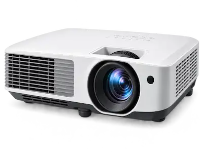 Projetor multimídia branco com lente frontal, representando o serviço especializado de manutenção e reparo de projetores da Digitech BH